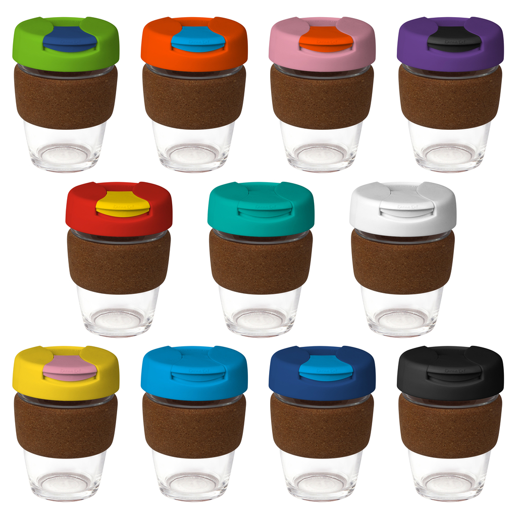Coffee Cup / Mug 12oz/340ml Glass Karma Kup Cork Band Plastic Flip Lid Reusable  Eco Friendly