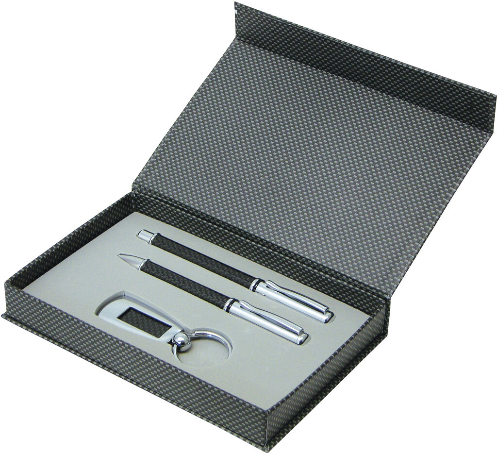 Pen Gift Set Ball Point And Roller Ball Pen With Matching Key Ring Carbon Fibre Gift Set