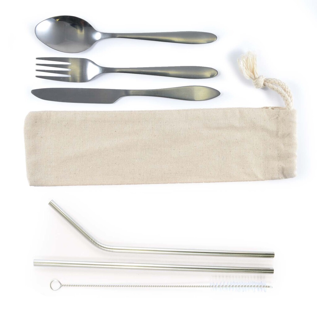 Banquet Stainless Steel Cutlery & Straw Set in Calico Pouch