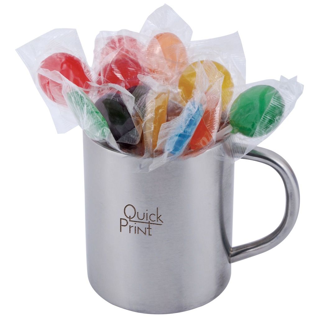 Assorted Colour Lollipops in Stainless Steel Mug