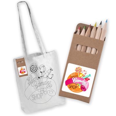White Long Handle Cotton Bag with Colouring Pencils