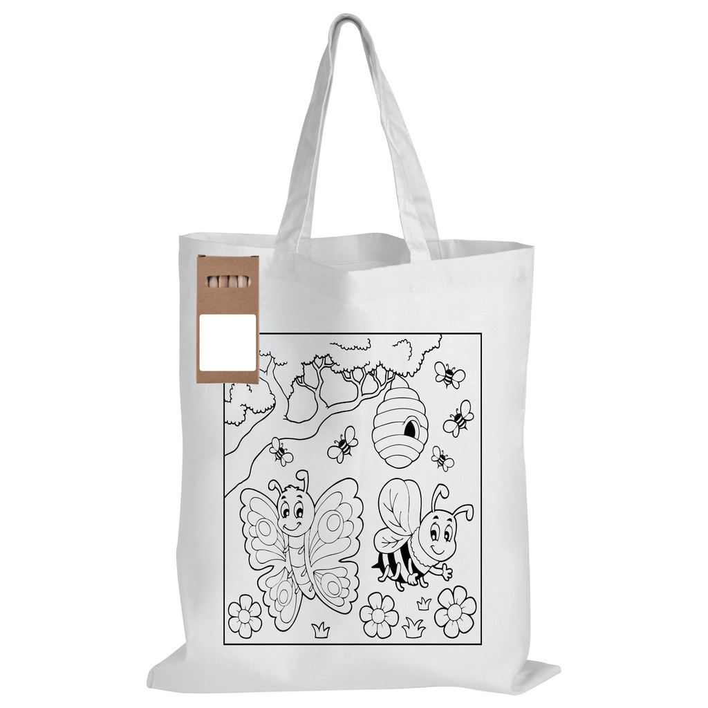 White Short Handle Cotton Bag with Colouring Pencils