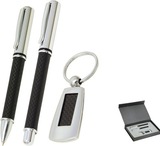 Pen Gift Set Ball Point And Roller Ball Pen With Matching Key Ring Carbon Fibre Gift Set